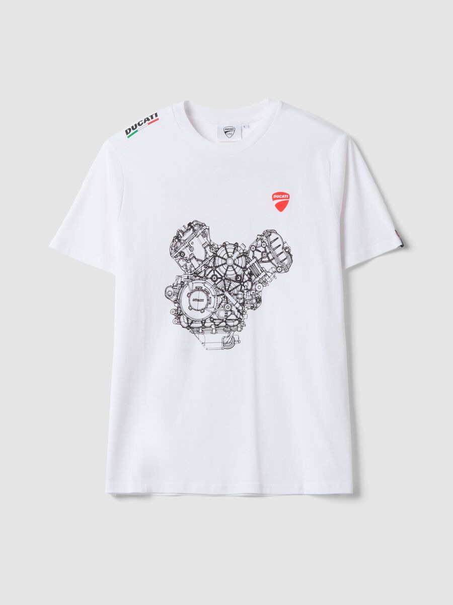 White pure cotton crew-neck T-shirt with Ducati print, regular fit_0