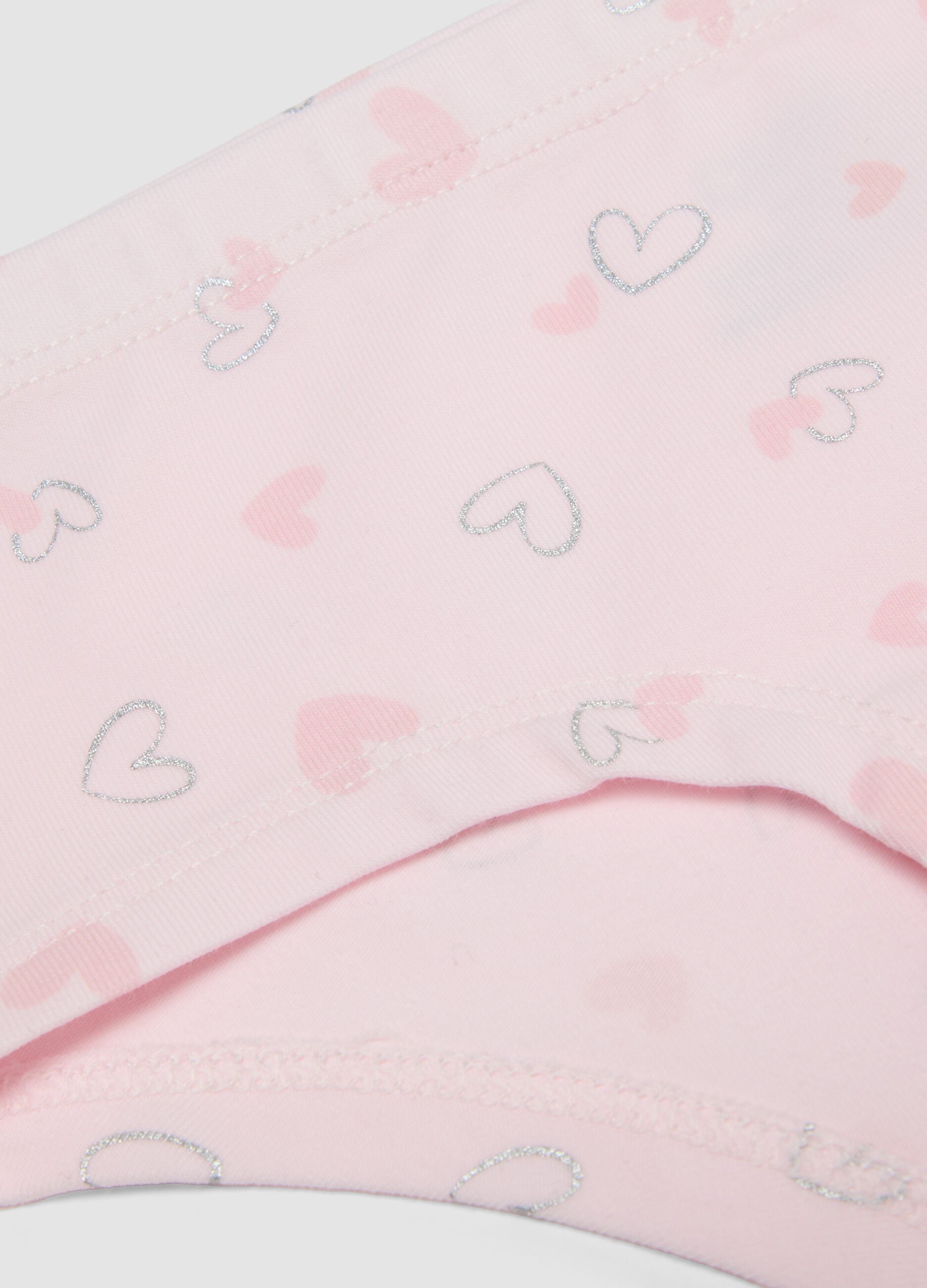Pink stretch organic cotton briefs with hearts for girls