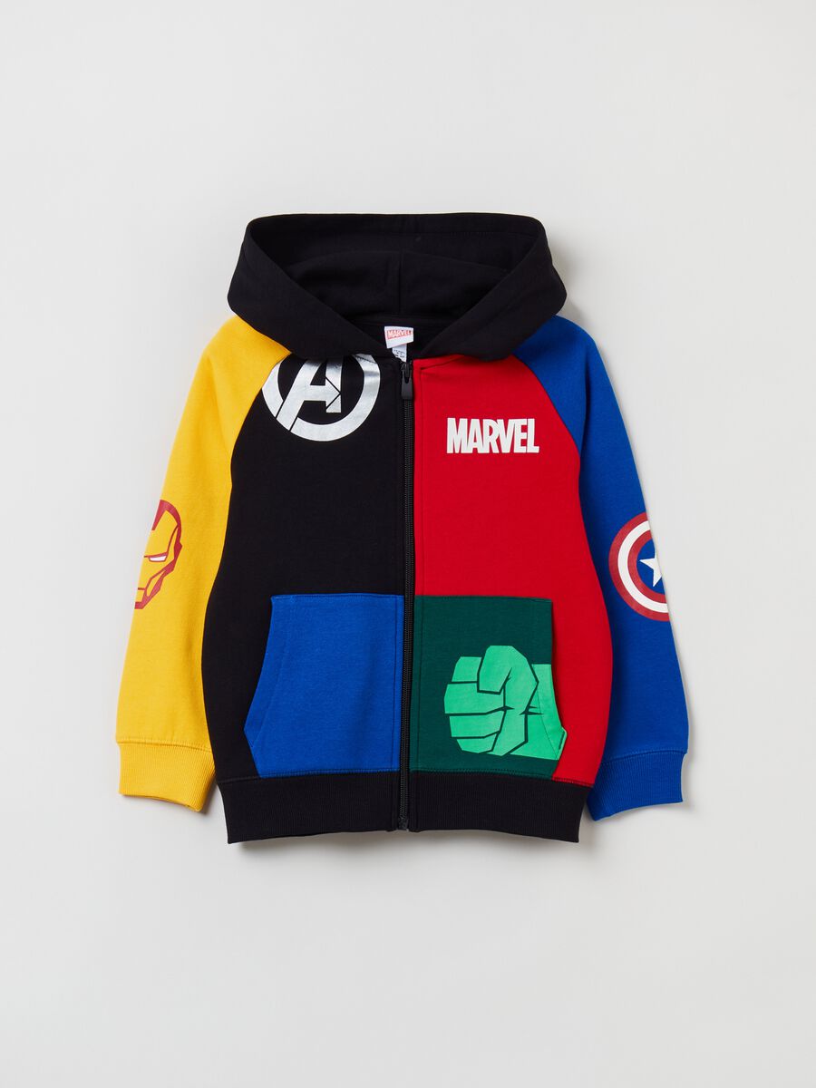 Full-zip sweatshirt with hood and superheroes print_0