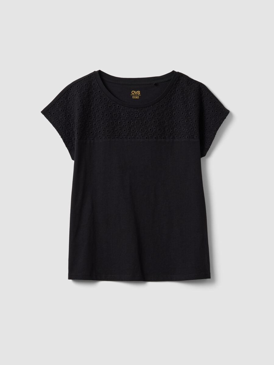 Black pure cotton T-shirt with Broderie Anglaise lace insert_0