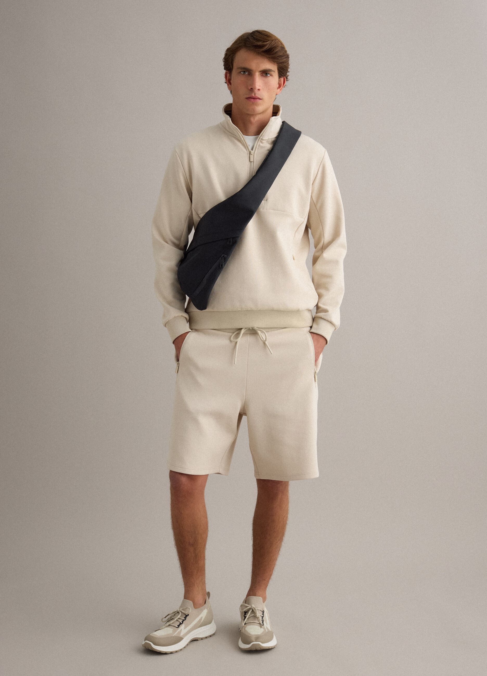 Beige regular fit stretch cotton blend bermuda shorts