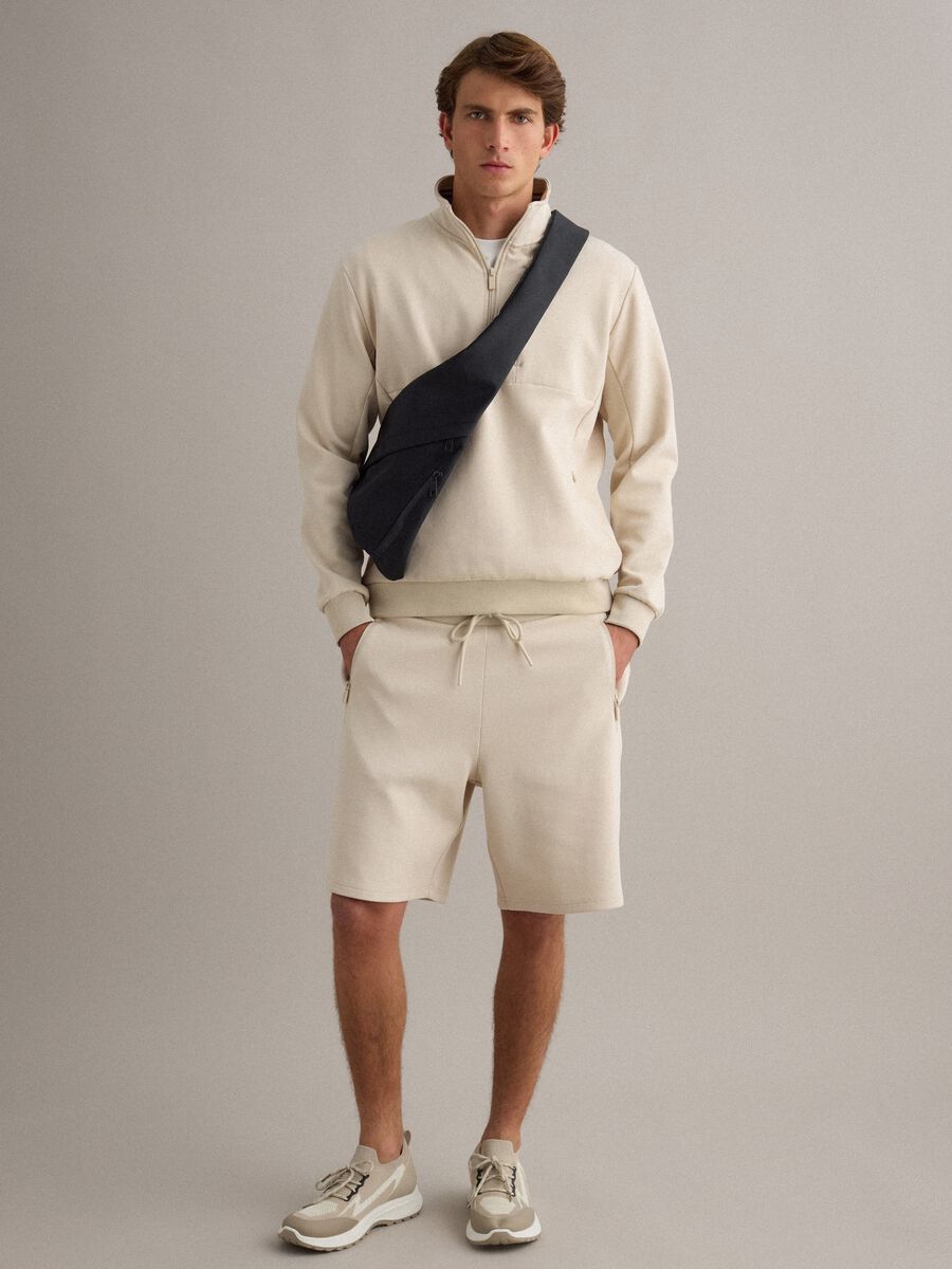 Beige regular fit stretch cotton blend bermuda shorts_0