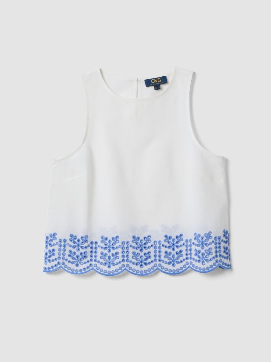 White cotton and linen blend top with embroidery_4
