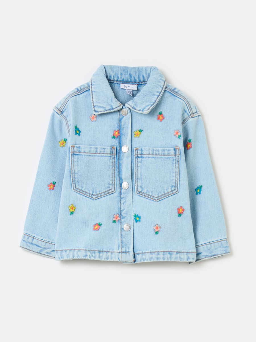 Short jacket in denim with small flowers embroidery_0