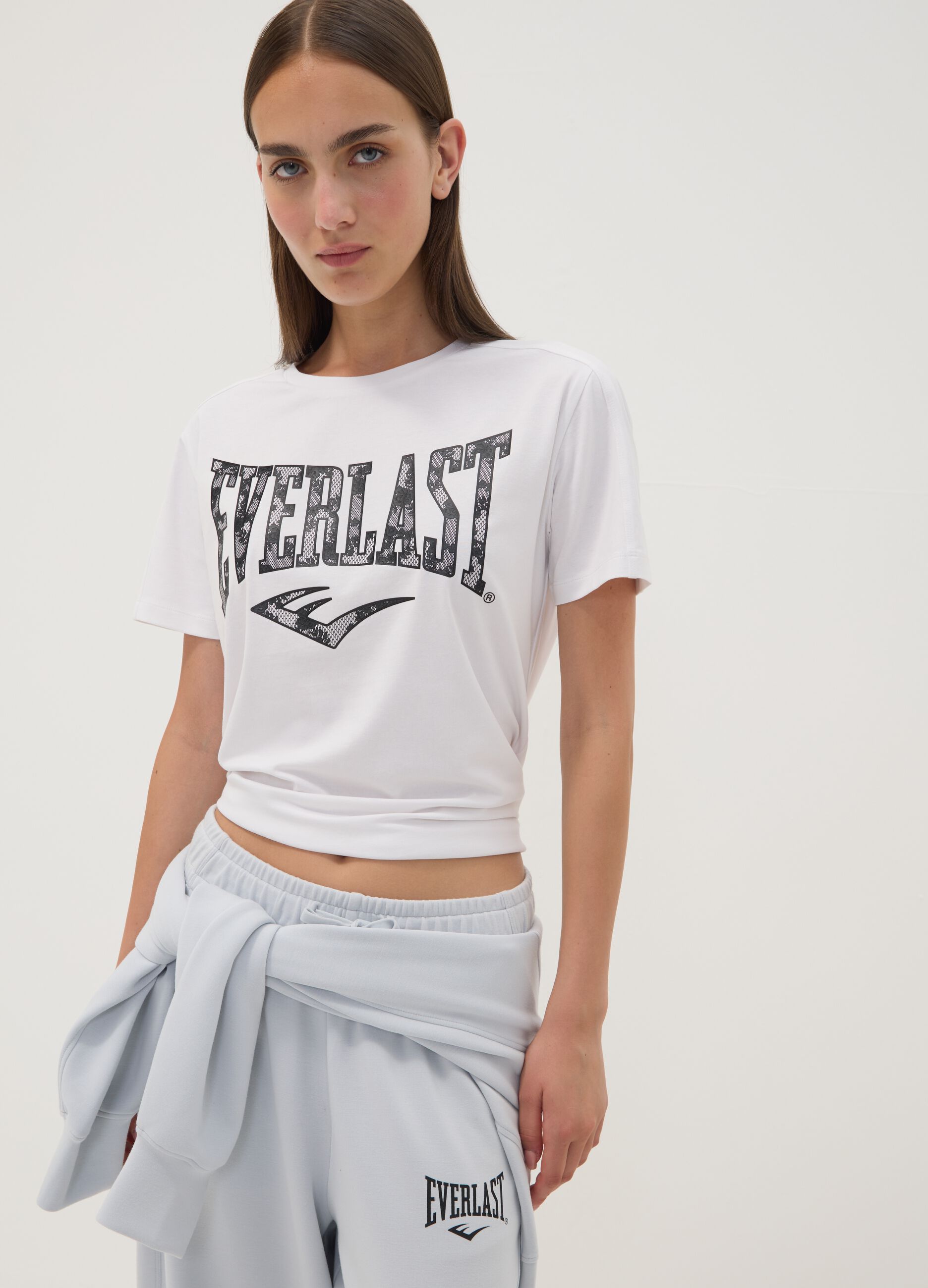 White stretch cotton jersey T-shirt with print, regular fit