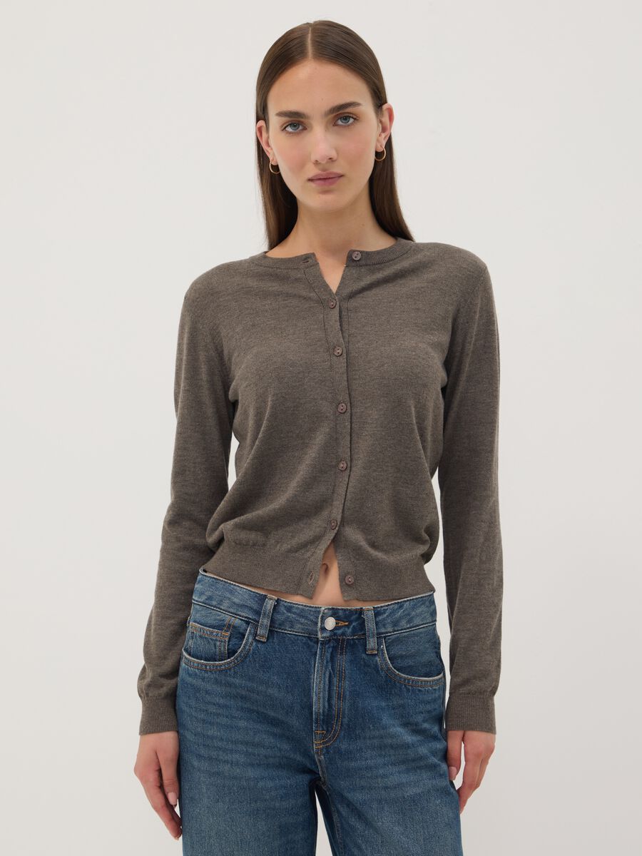 Grey wool-blend crew-neck cardigan_0