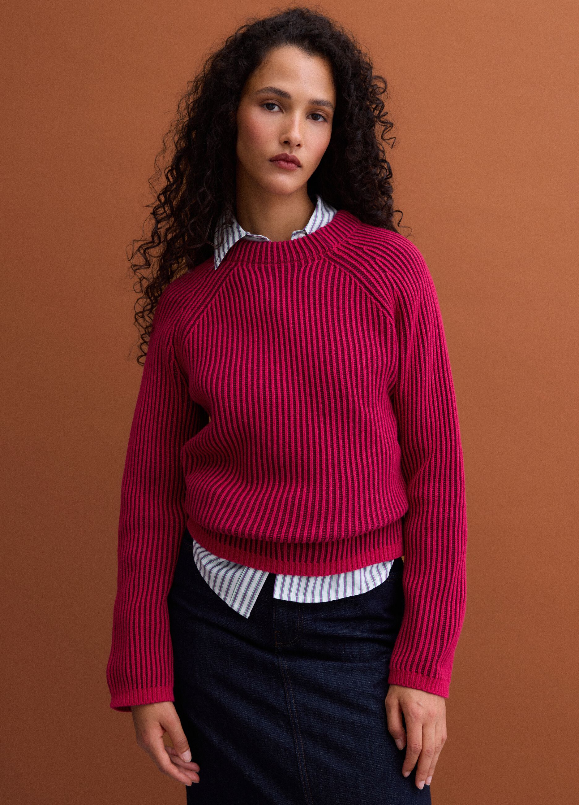 Mehrfarbiger Rippstrick-Pullover aus reiner Baumwolle mit Rundhals, Regular Fit
