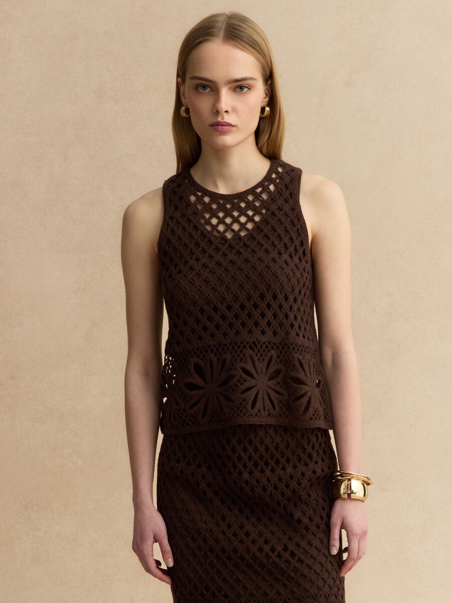 Braunes Regular-Fit-Tanktop aus Baumwollmix mit Mesh-Design_0