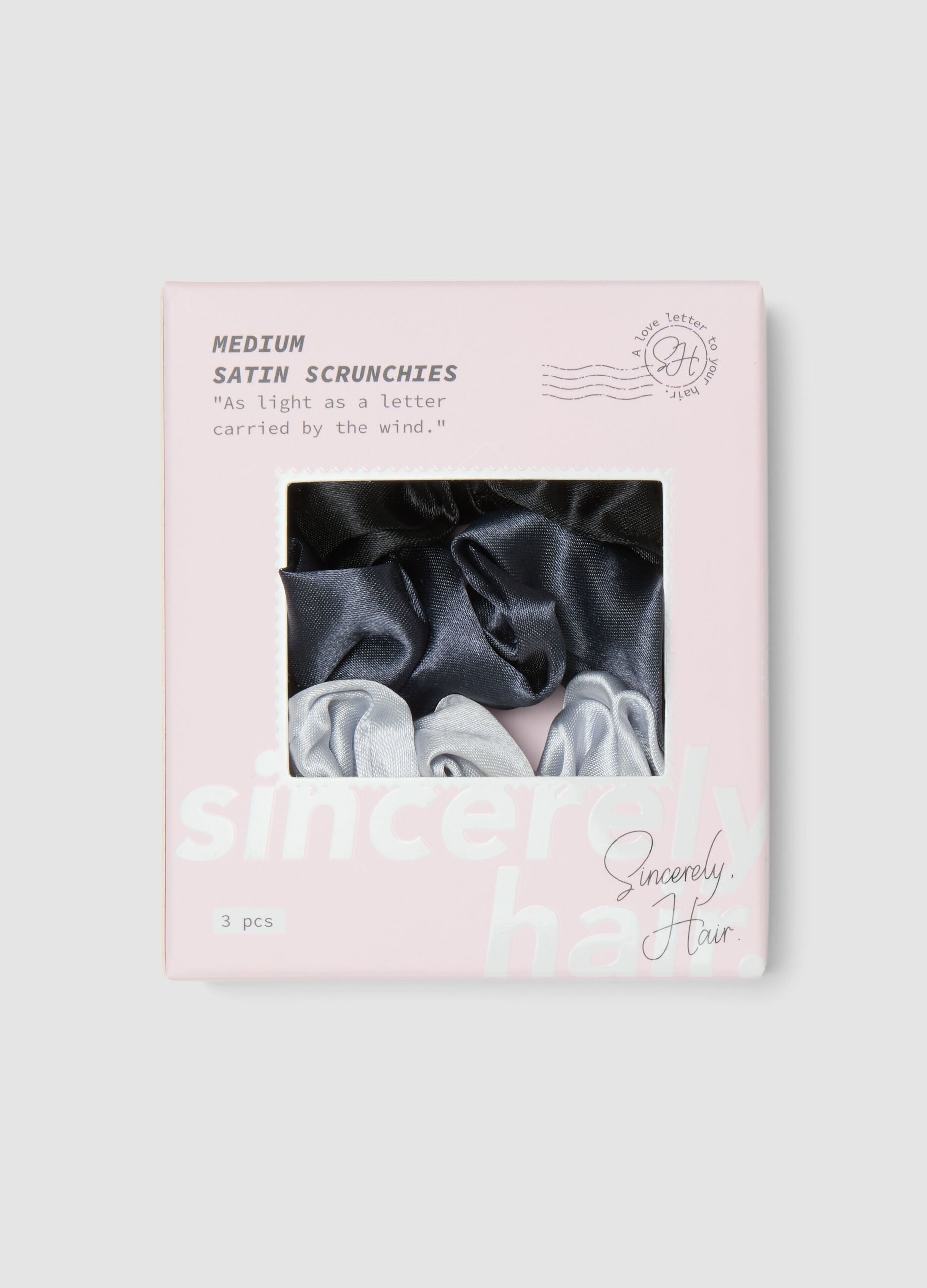SINCERELY HAIR Scrunchies de cetim m&eacute;dios pack de 3 Preto & Cinzento
