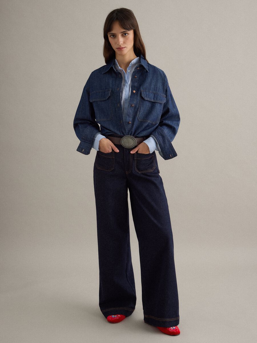 Wide-leg blue denim cotton jeans_0