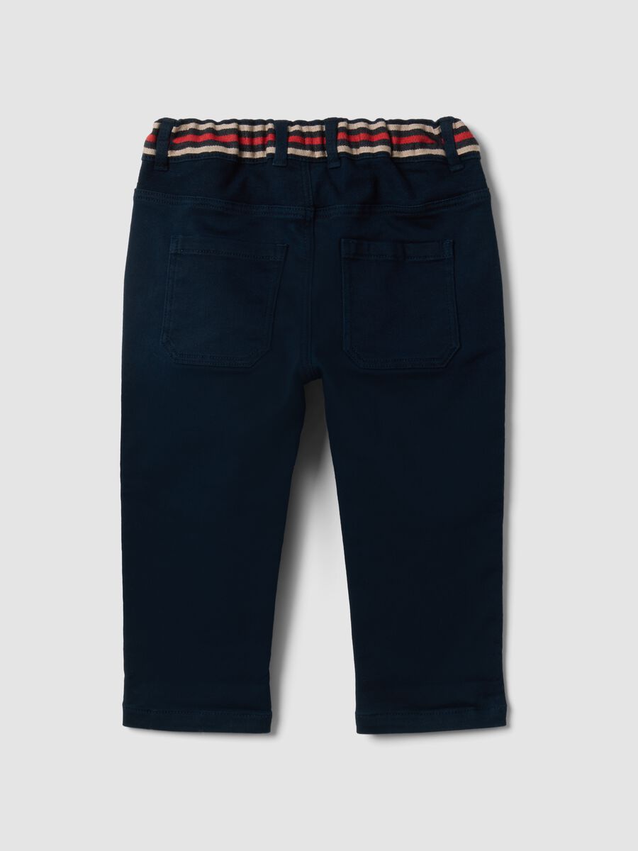 Blue stretch cotton trousers with elasticated waist for baby boy_1