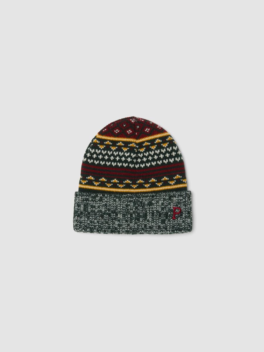 Multicolour beanie with jacquard pattern and embroidery_0