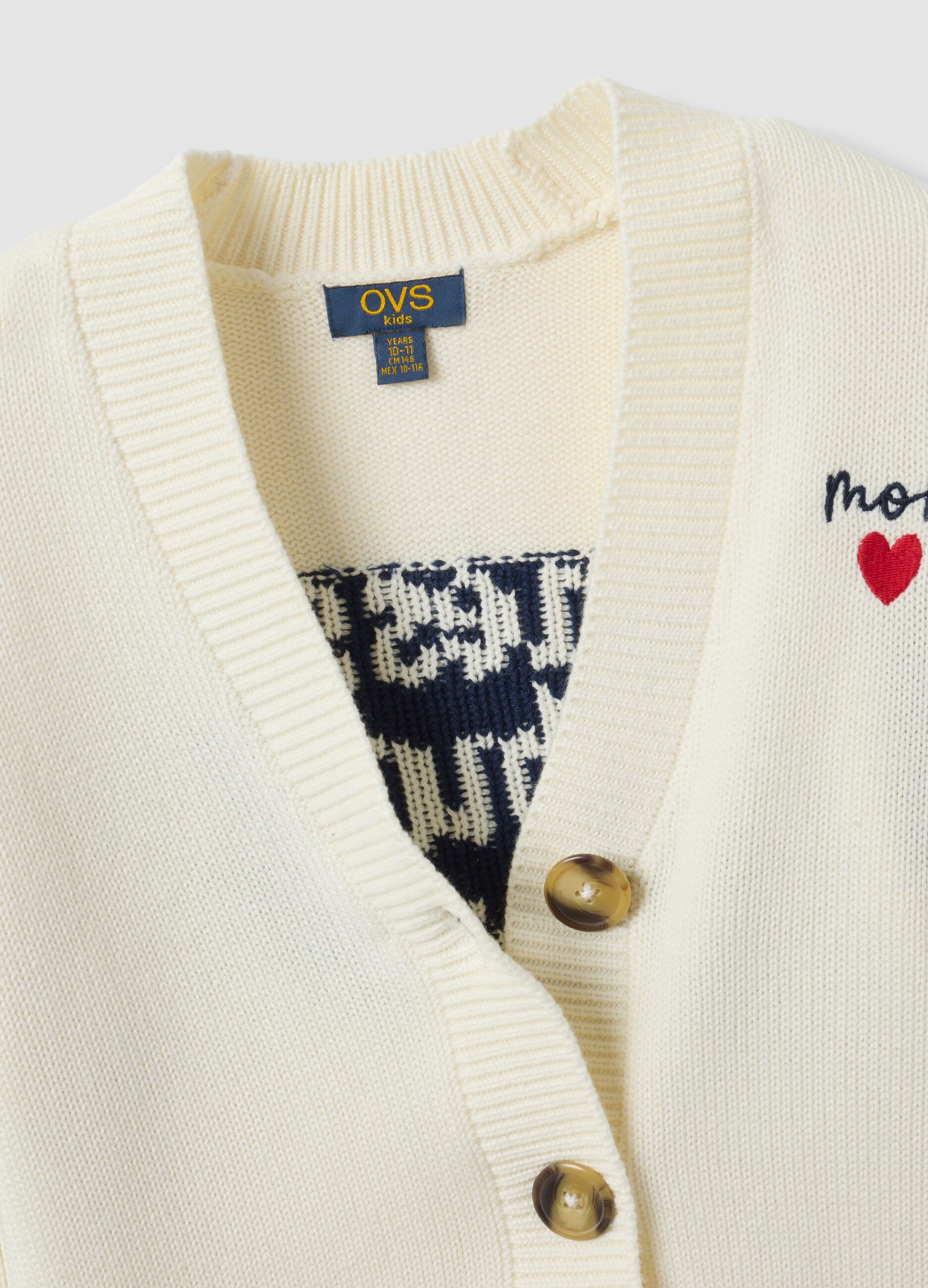 White cotton-blend cardigan with deep V-neck and heart embroidery