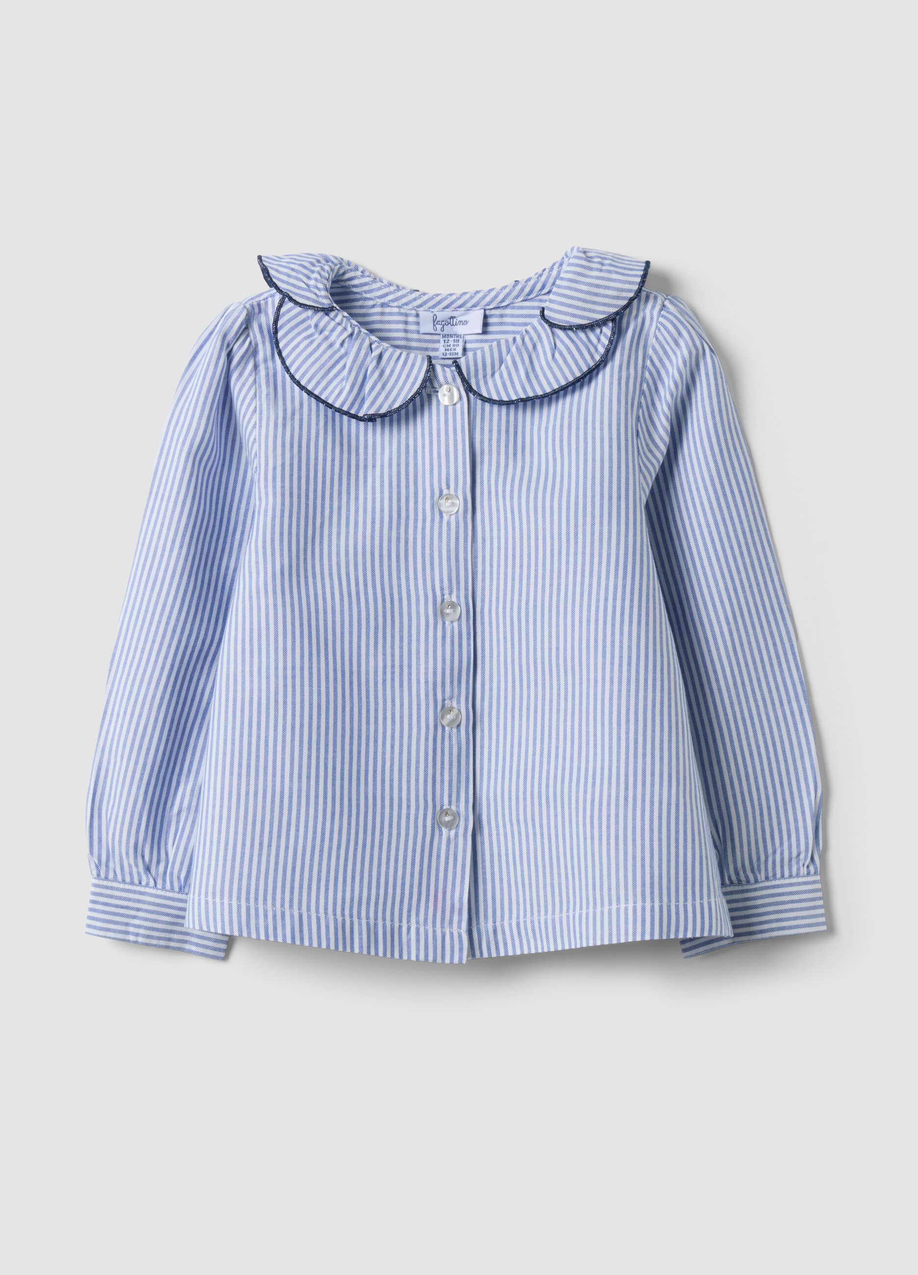 Blue striped pure cotton shirt with ruffle collar for baby girls