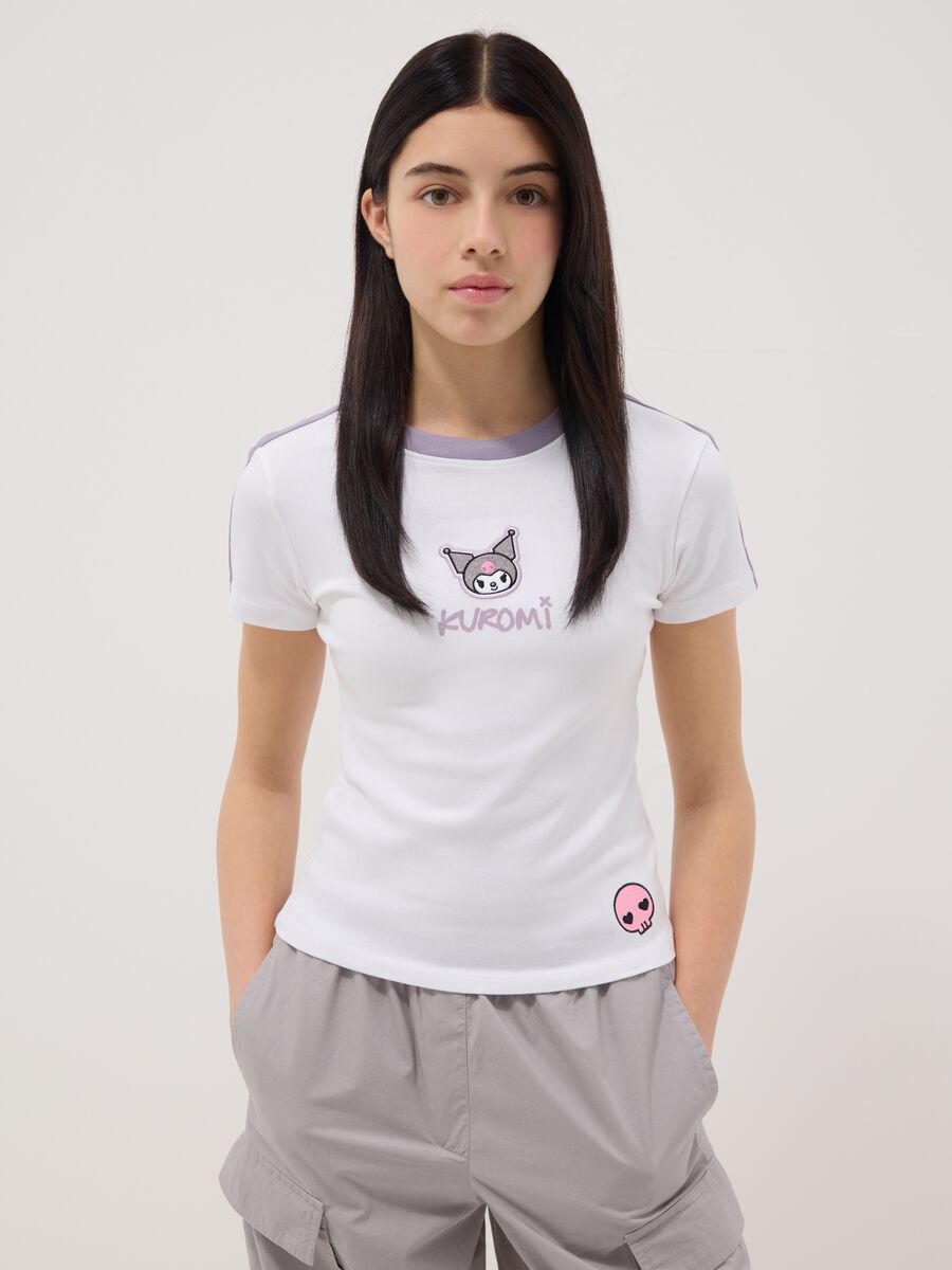 Girls' White Stretch Cotton Slim Fit T-shirt with Kuromi_0