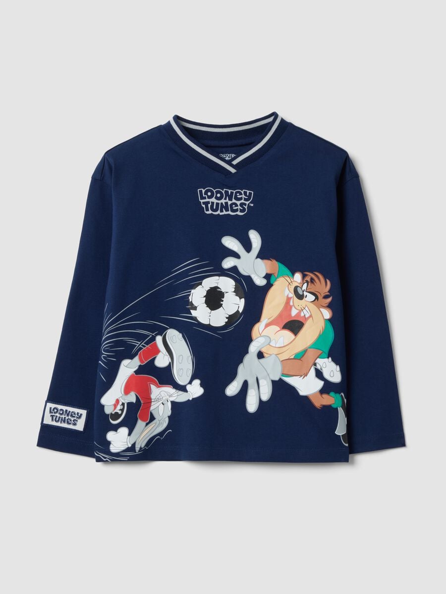 Blue long-sleeve pure cotton Looney Tunes print T-shirt for boys_0