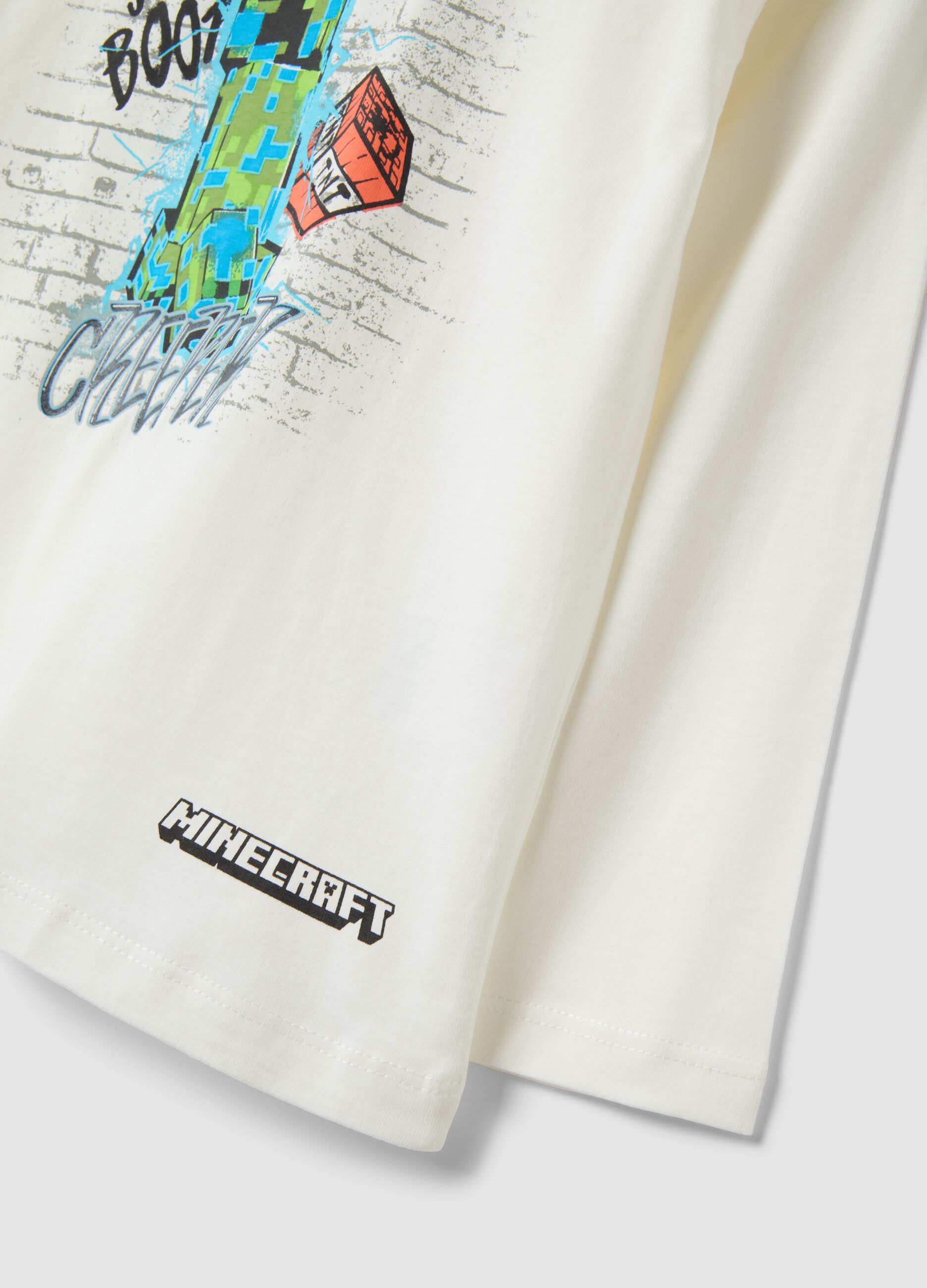 White crew-neck pure cotton T-shirt with Minecraft print