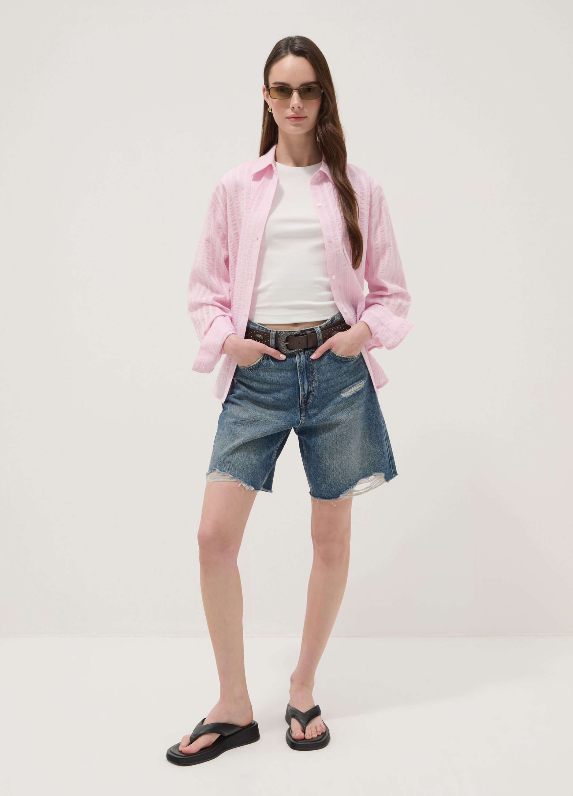Multicolour stripe pure cotton oversized fit shirt