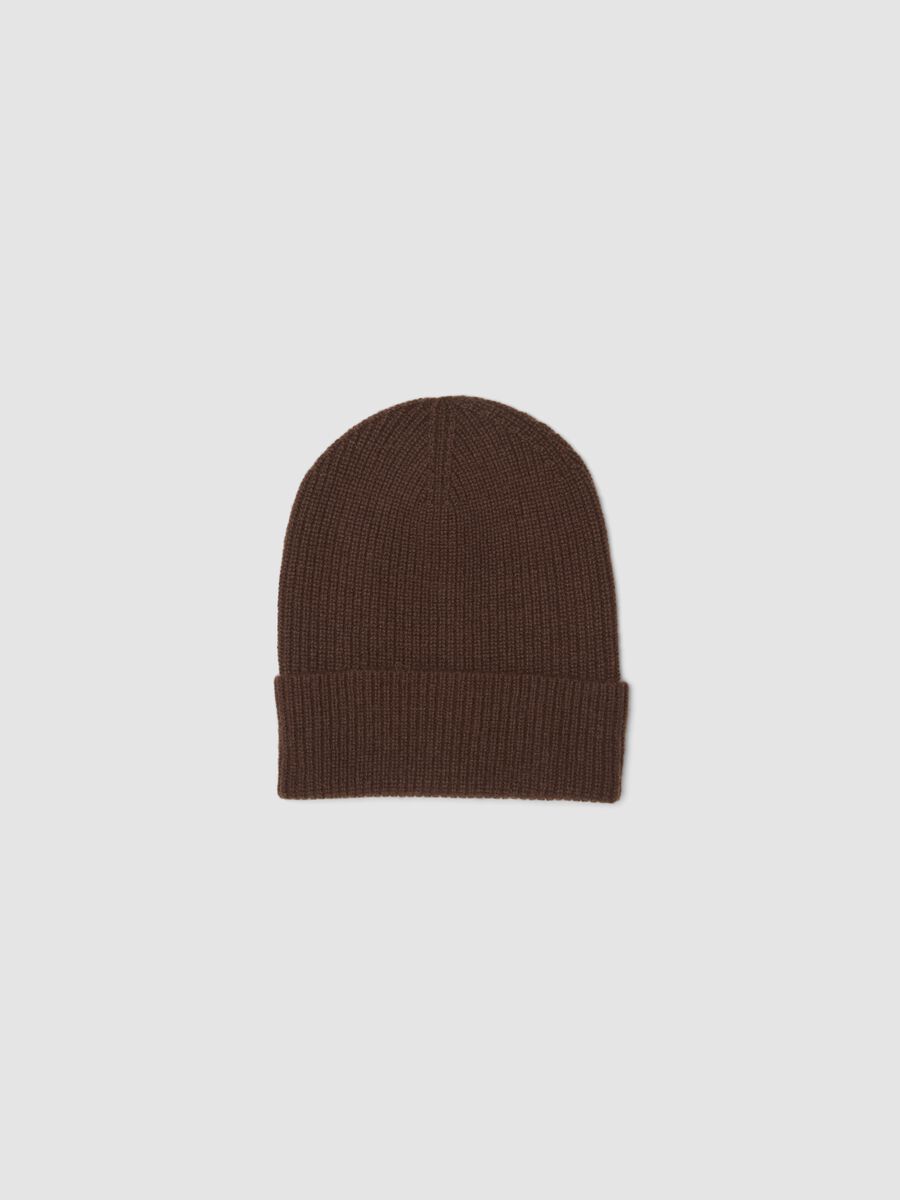 Brown ribbed pure cashmere beanie_0