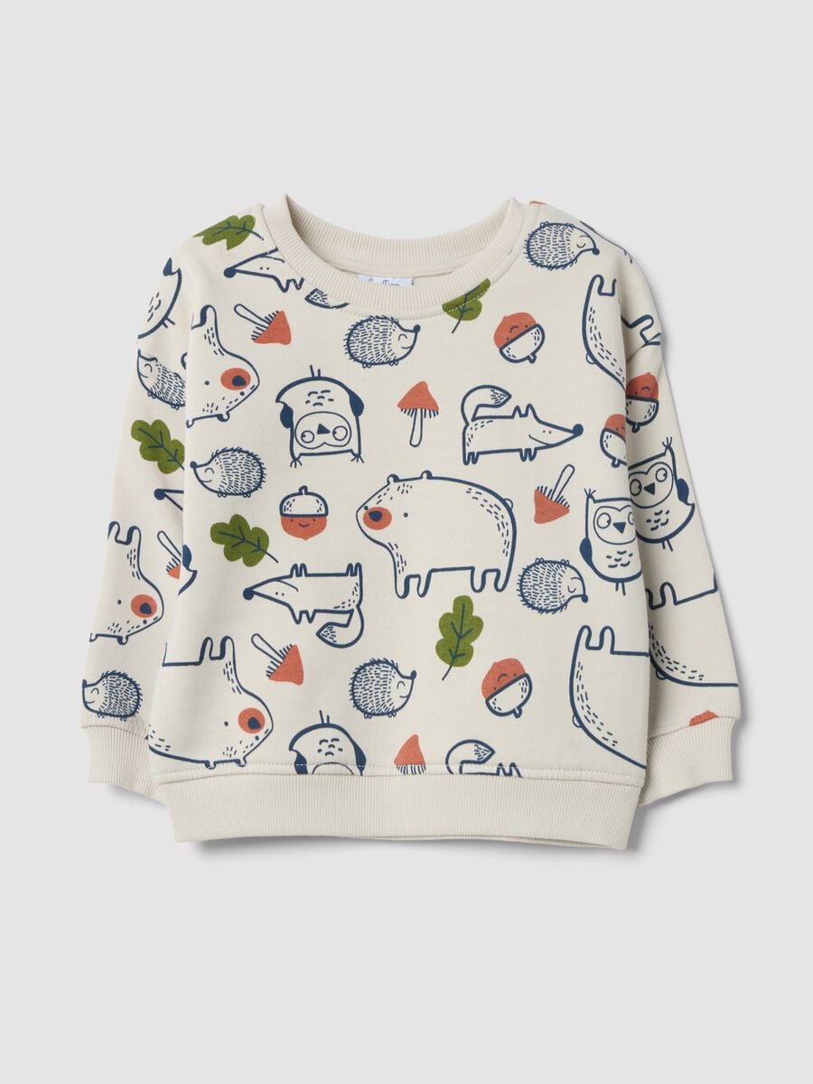 Felpa beige in puro cotone con girocollo e stampa animali over fit_0