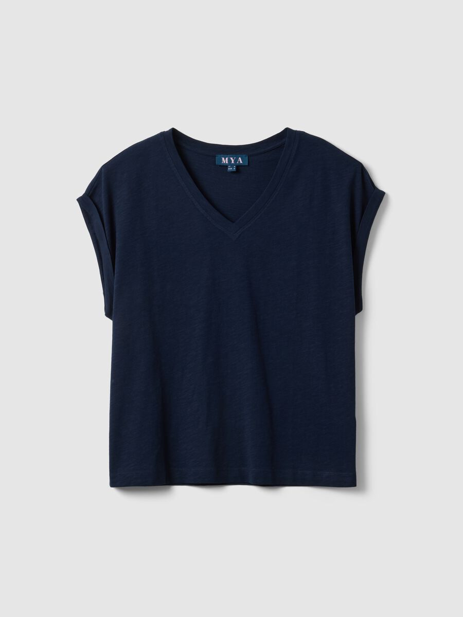 Kurzarm-T-Shirt aus reiner Baumwolle, blau, mit V-Ausschnitt und Regular Fit_4