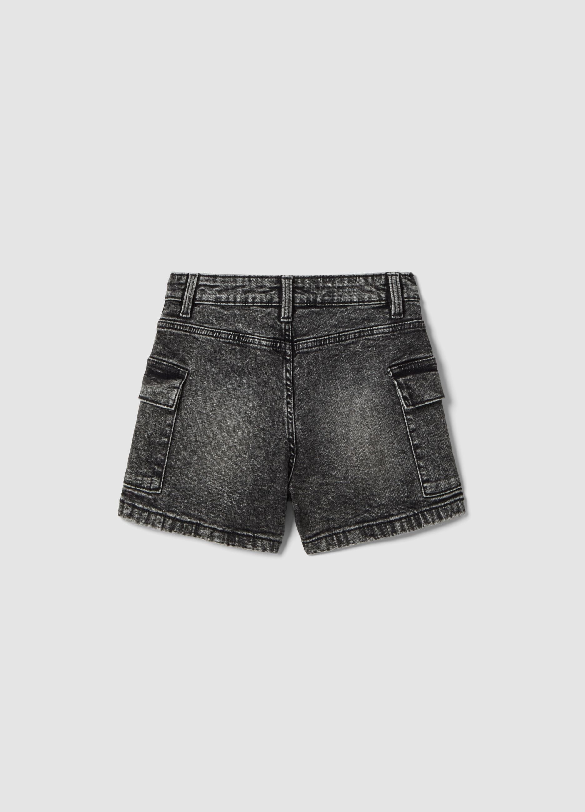 Girls&rsquo; slim-fit grey cargo denim shorts in stretch cotton