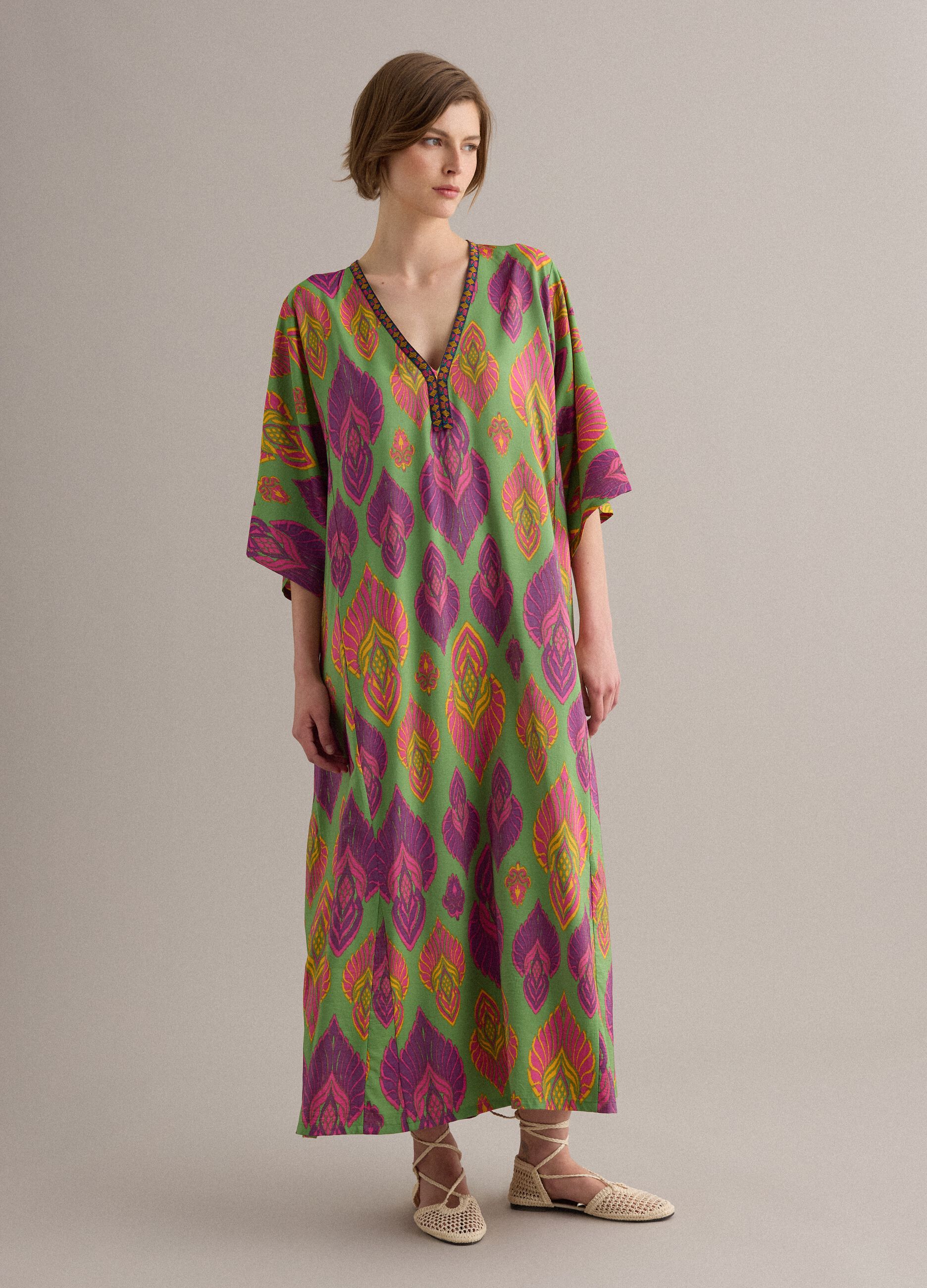 Green viscose-blend midi dress with print