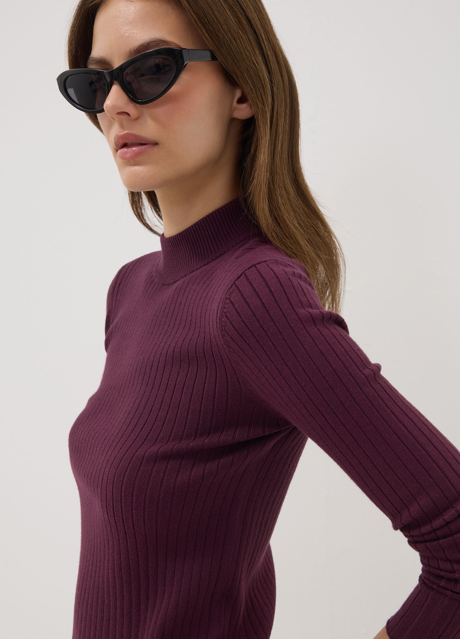 Purple ribbed viscose-blend top with high neck
