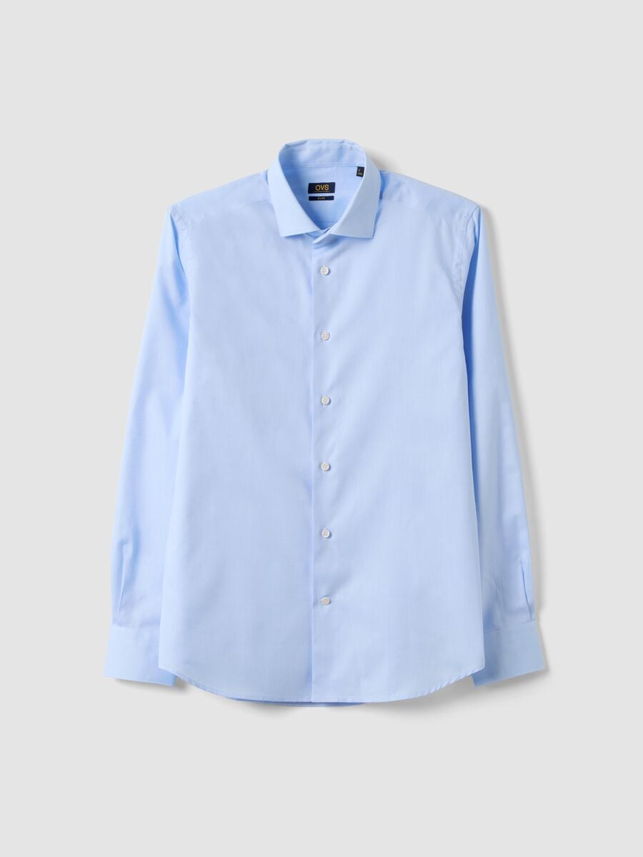 Light blue pure compact cotton shirt with classic collar, slim fit_0
