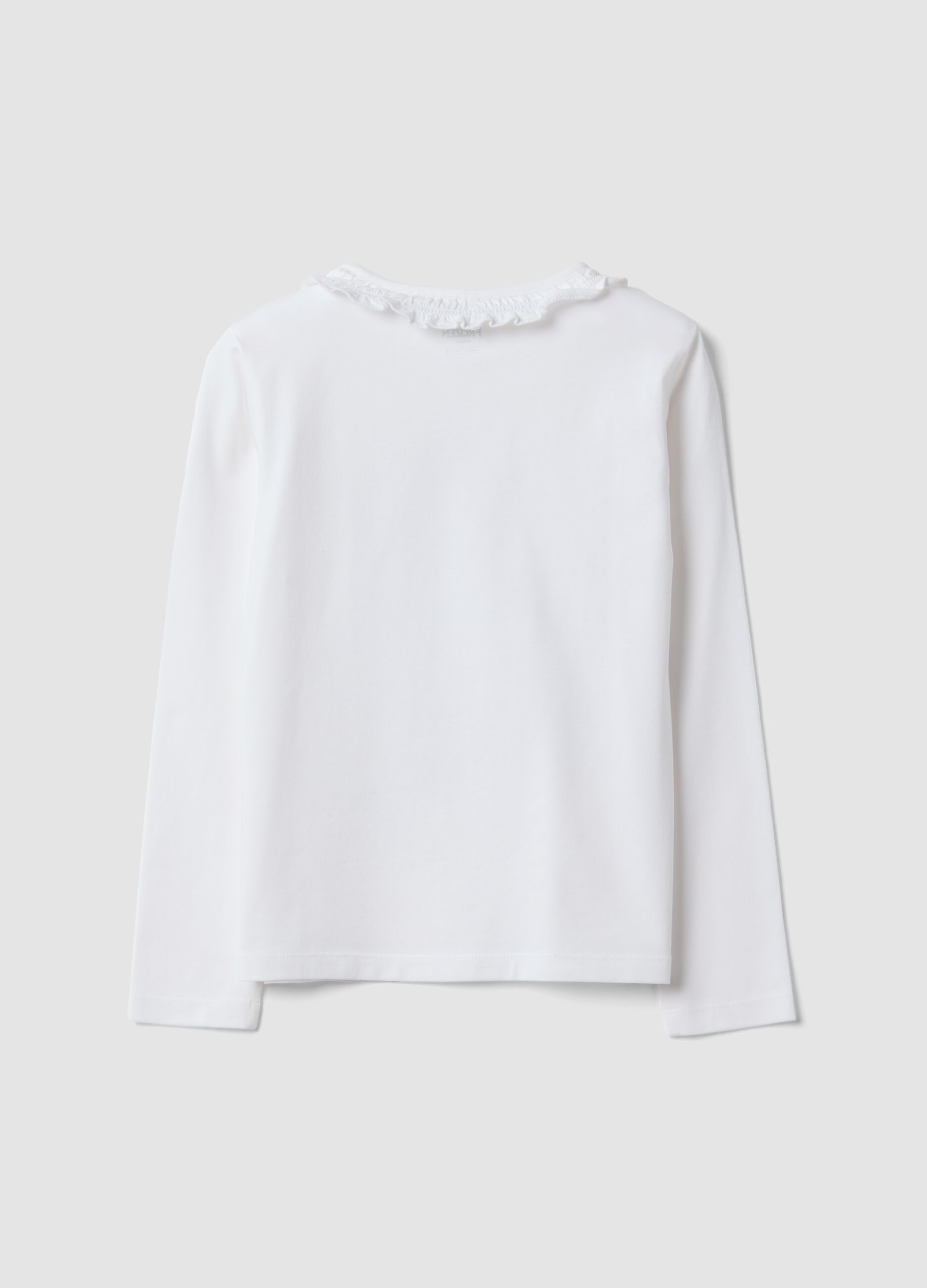 White stretch cotton T-shirt with ruffle neck and Frozen print for girls