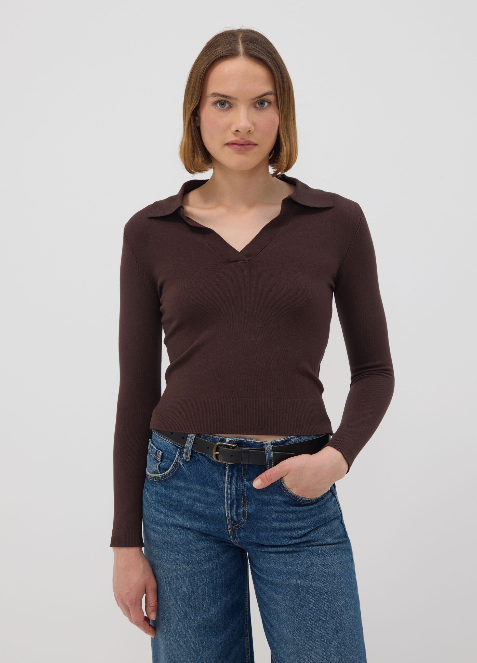 Brown viscose-blend polo-collar jumper, regular fit