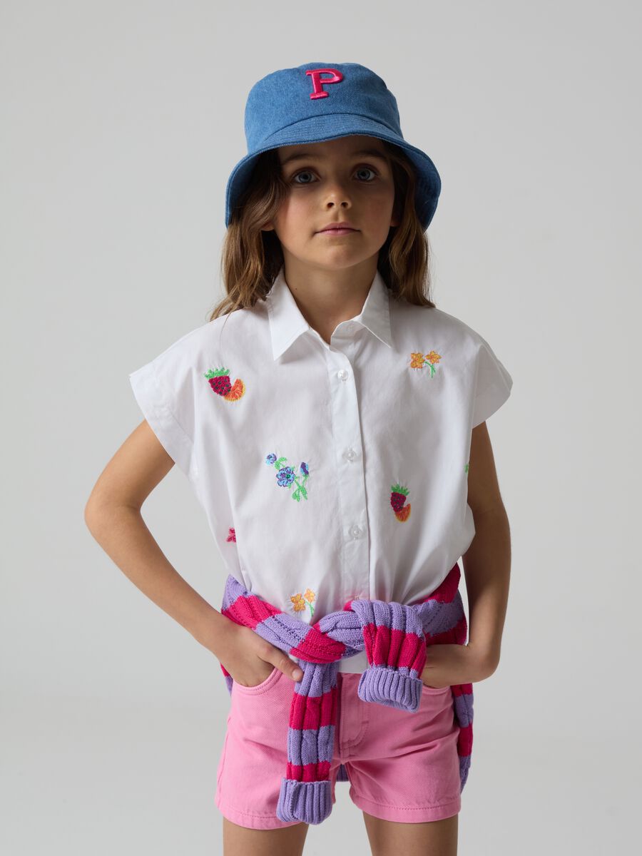 Camisa de algodón con bordado de fruta y flores_0