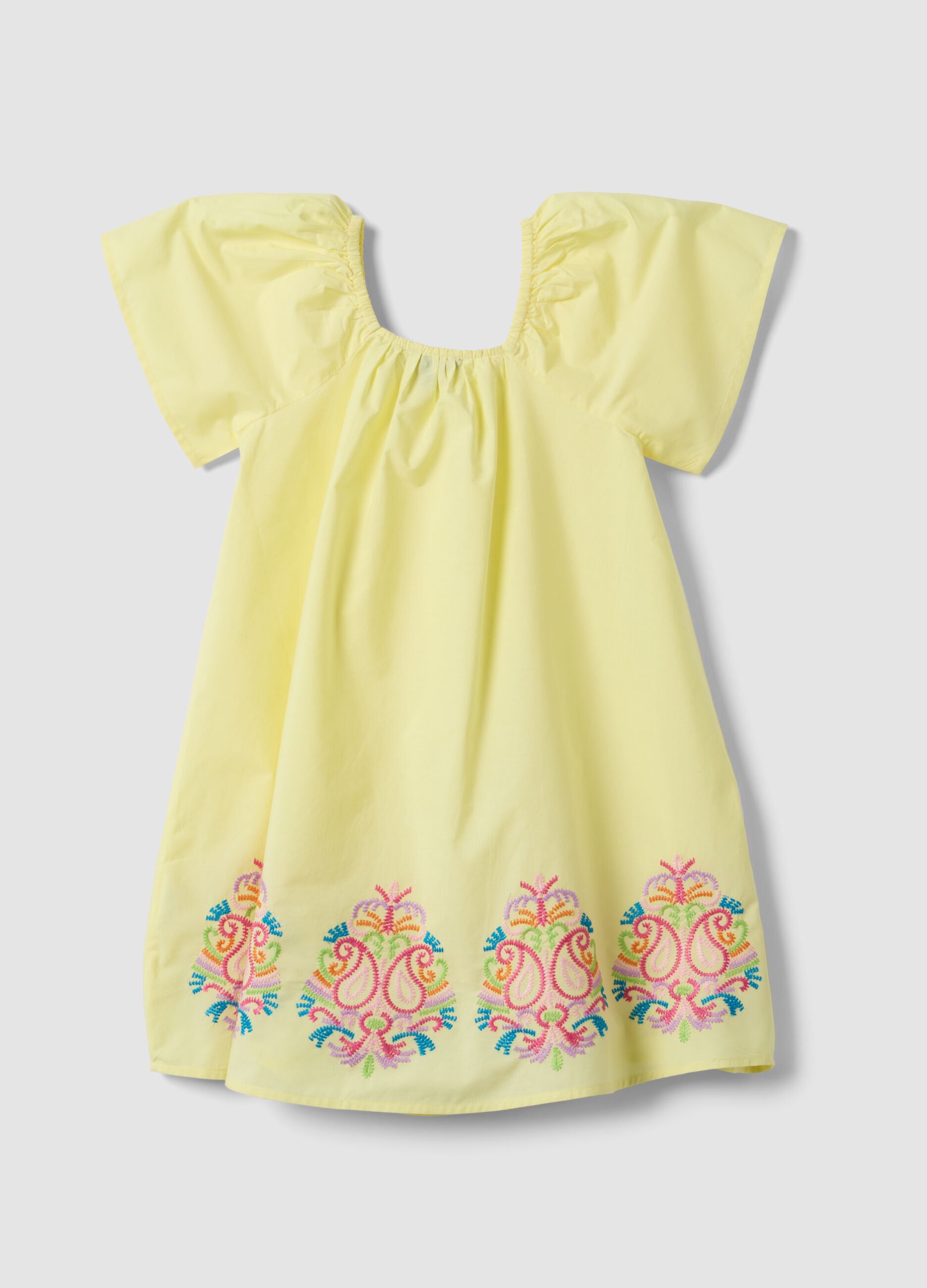 Yellow pure cotton dress with embroidery