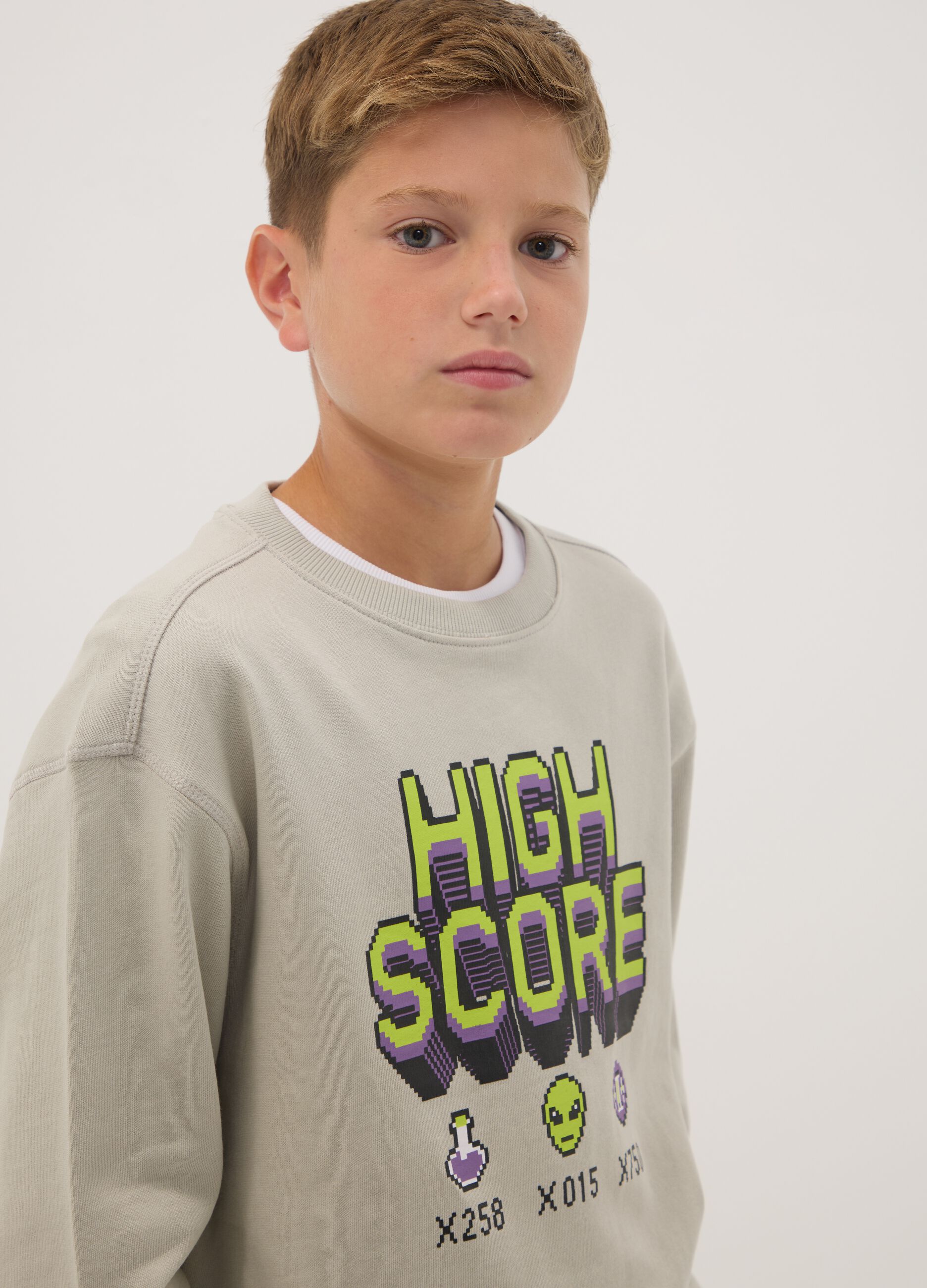 Grey 100% cotton gaming-print crew-neck sweatshirt