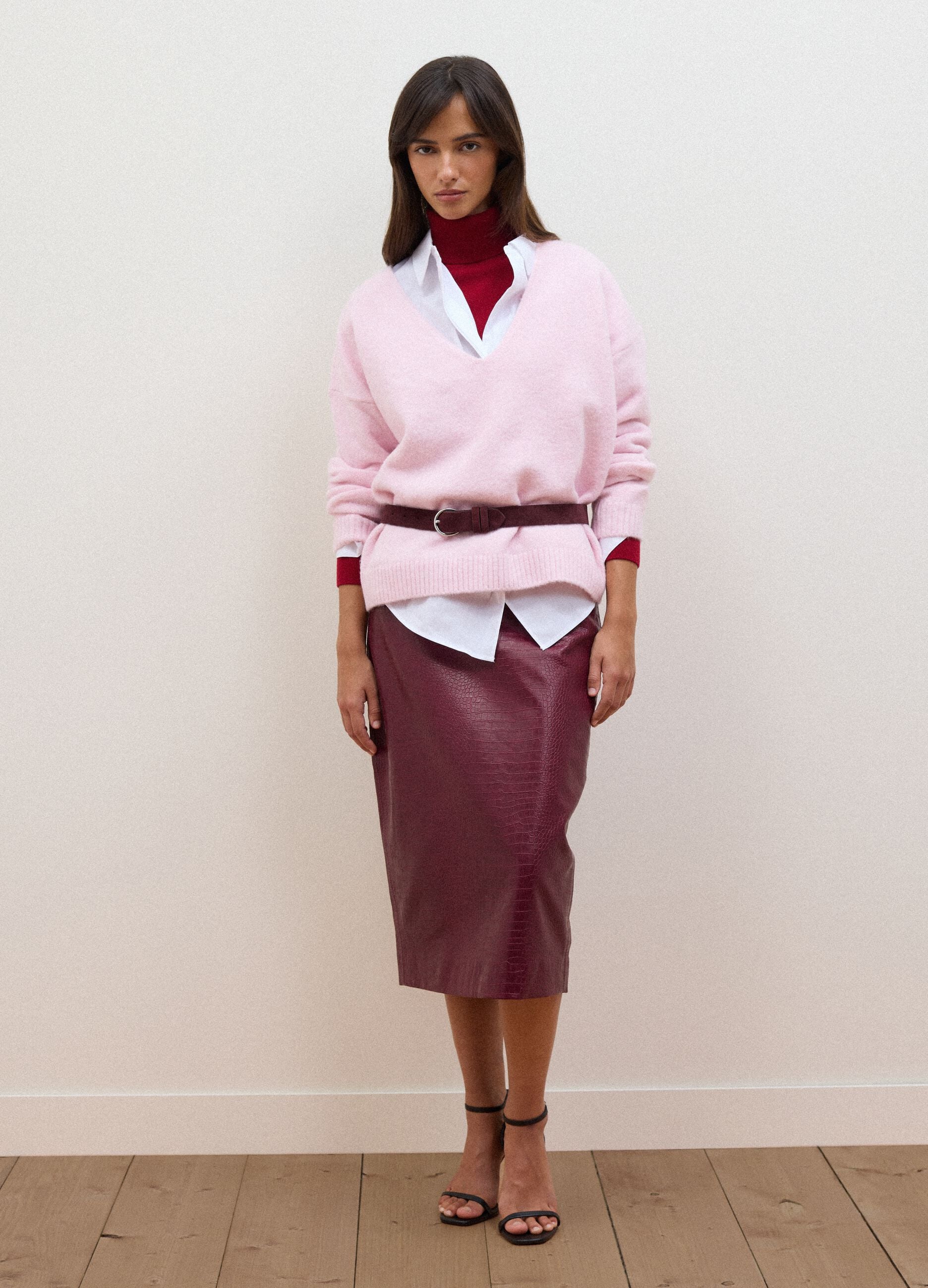 Red midi skirt in pure viscose with embossed print