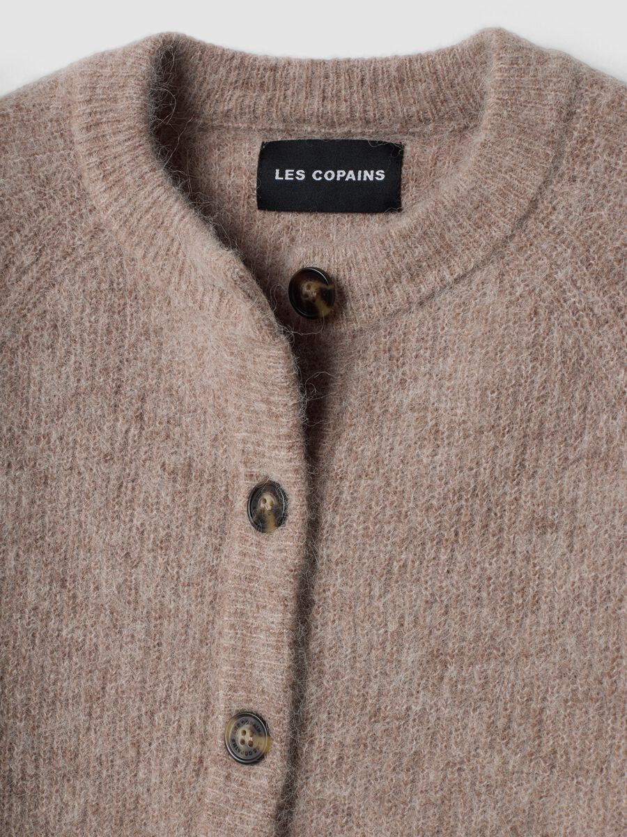 Cardigan beige in alpaca e lana elasticizzata girocollo_1