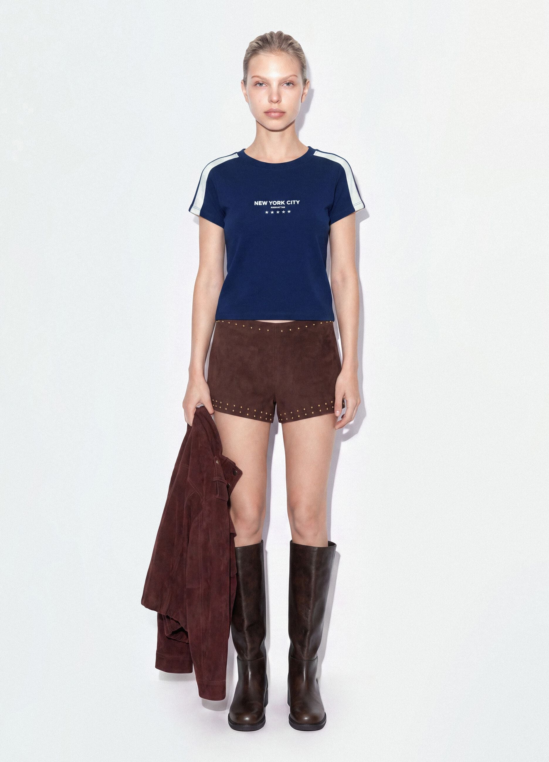 T-shirt azul em algod&atilde;o puro com decote redondo e estampado New York City