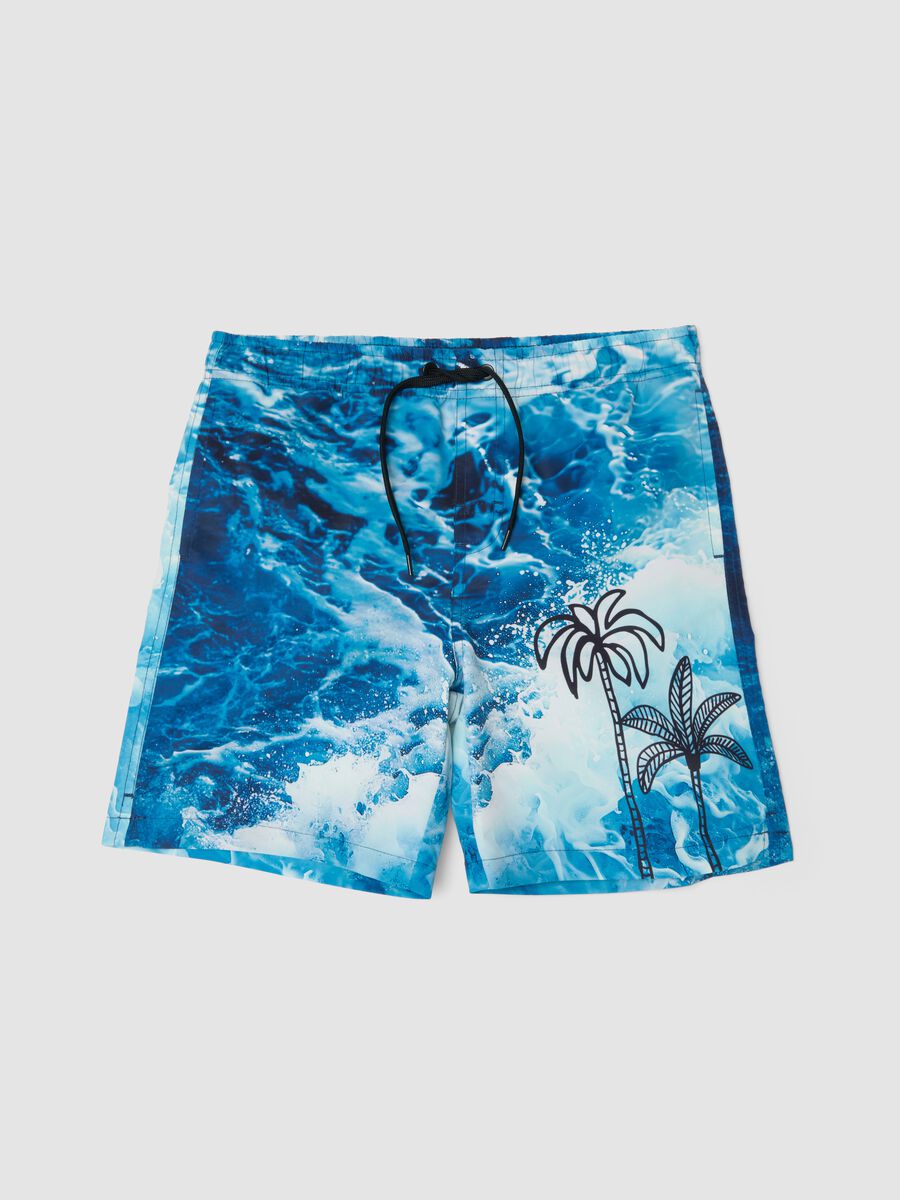 Short de bain bleu gar&ccedil;on imprim&eacute; vagues et palmiers_0