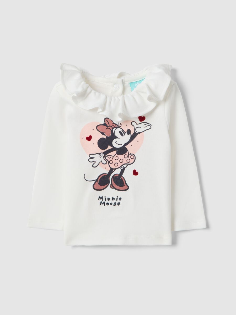 Maglia in puro cotone bianco da neonata con Minnie e collo arricciato_0
