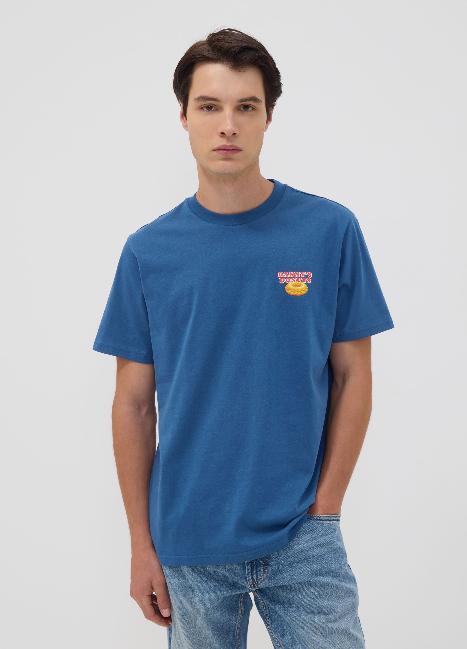 Blaues T-Shirt aus reiner Baumwoll-Jersey mit Print, Regular Fit