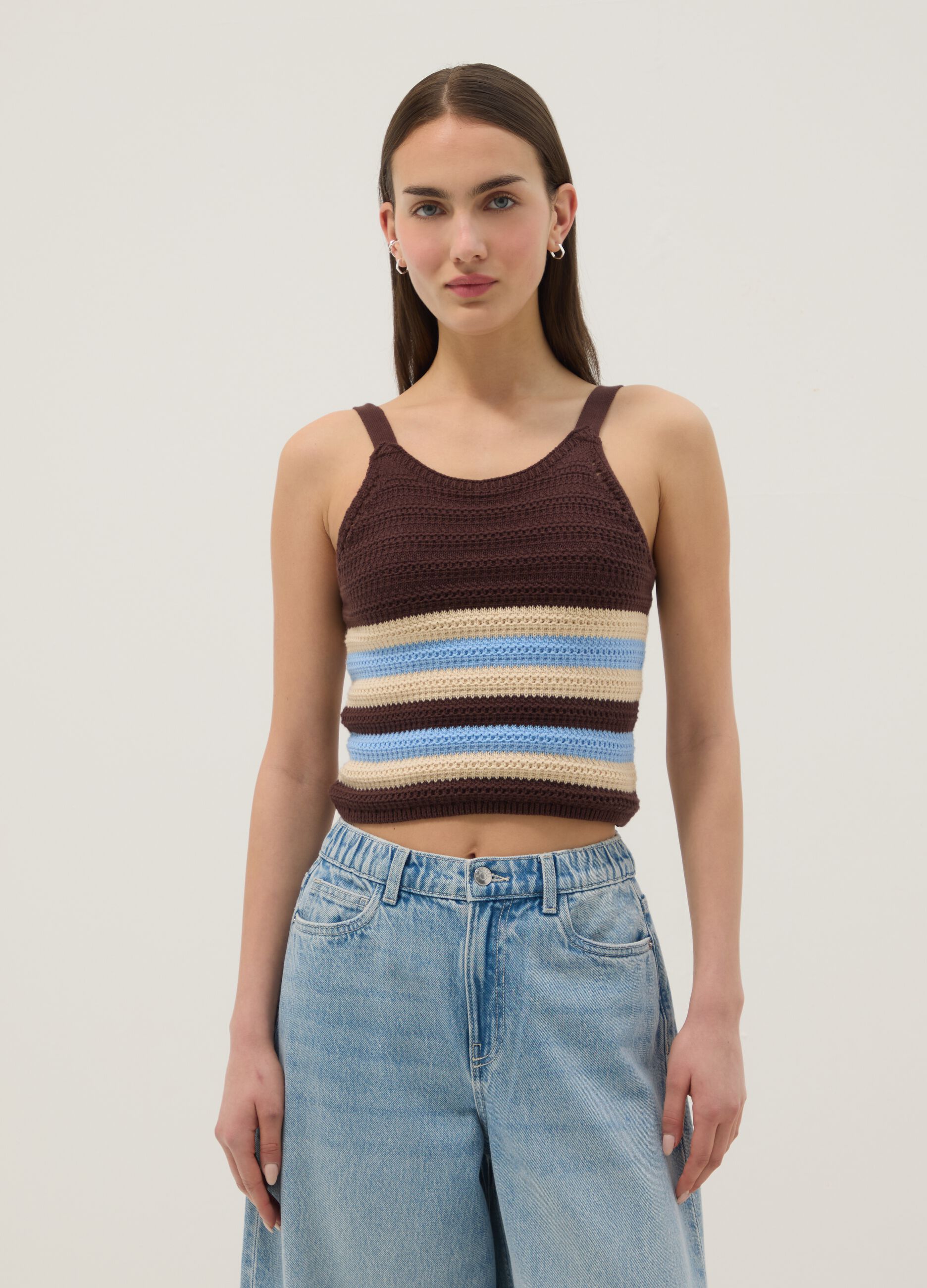 Multicolour striped pure cotton fitted knitted top