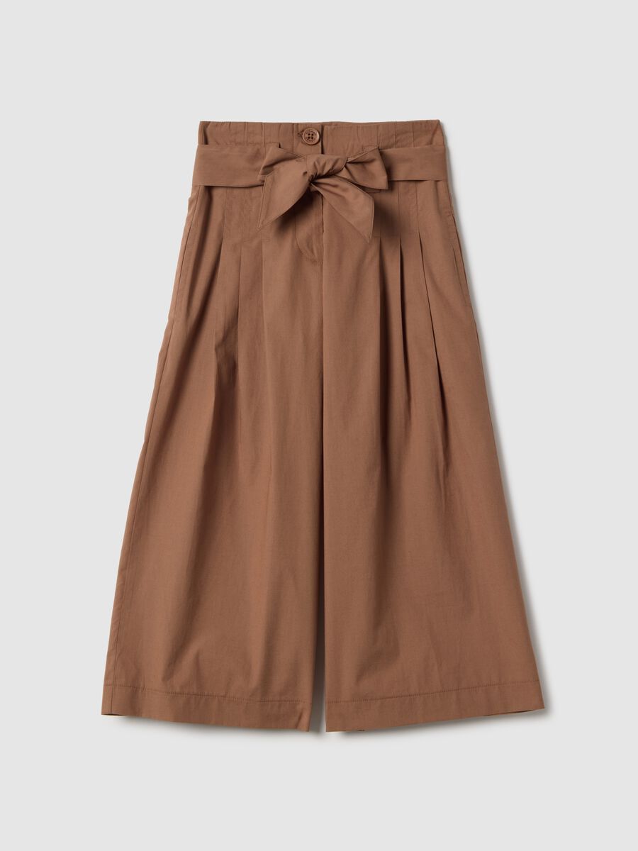 Girls' Brown Pure Cotton Wide Leg Trousers with Bow_3