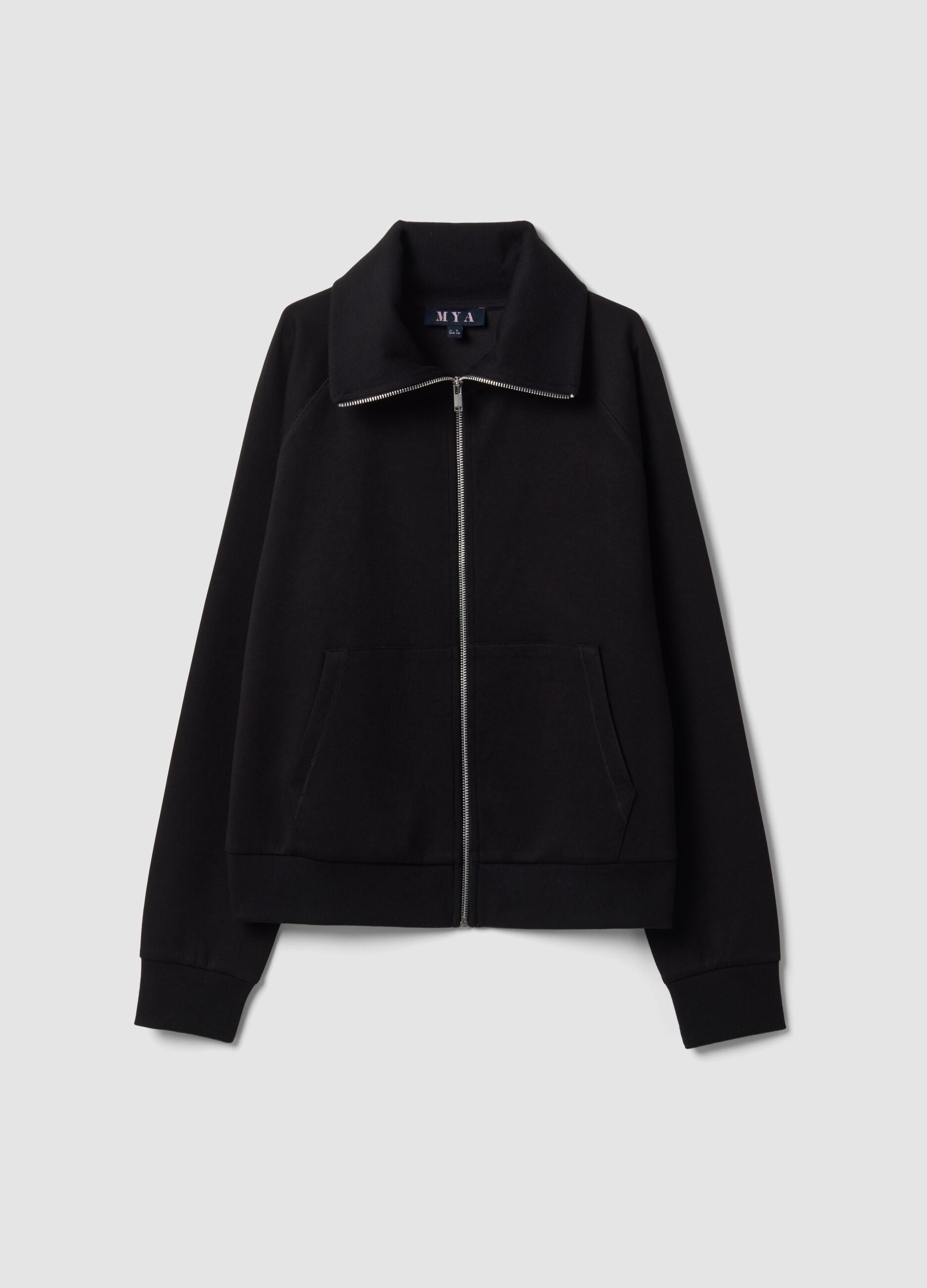 Black stretch viscose hoodie with turtleneck collar, regular fit