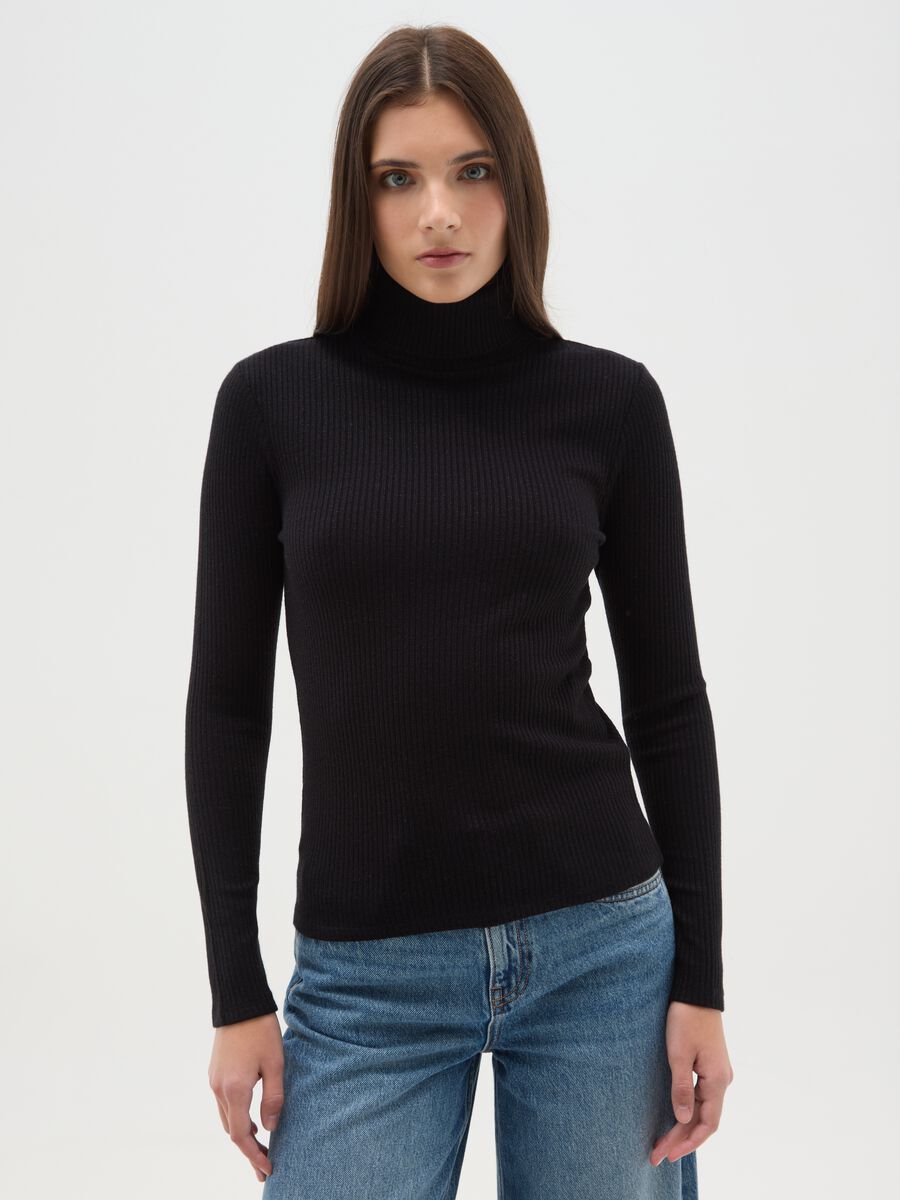 Black striped crew neck long sleeve regular fit top_0