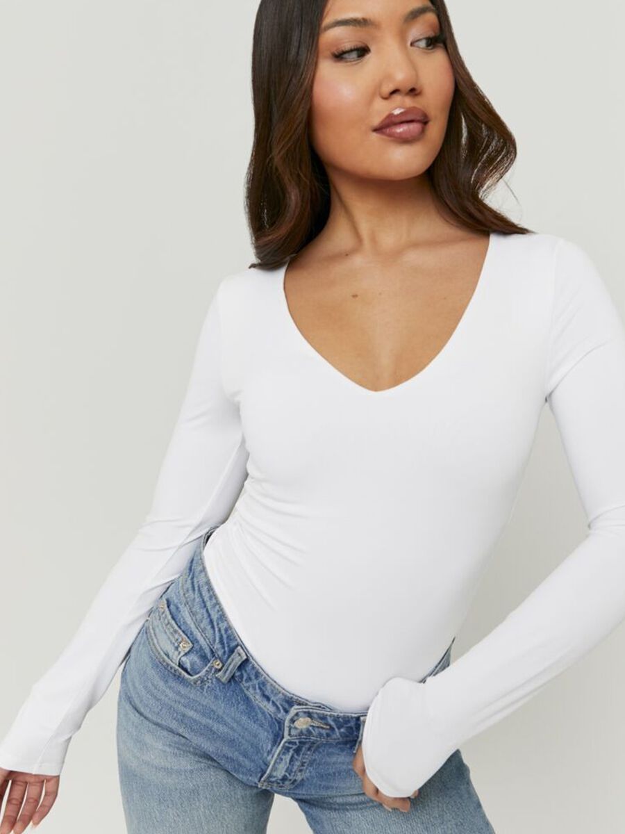 Weisses Longsleeve mit tiefem V-Ausschnitt aus reiner Baumwolle, Regular Fit_1