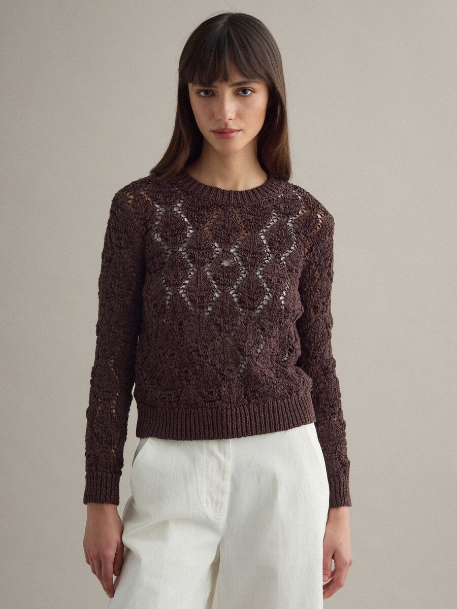 Brown regular fit cotton-blend jumper with a knitted pattern_0