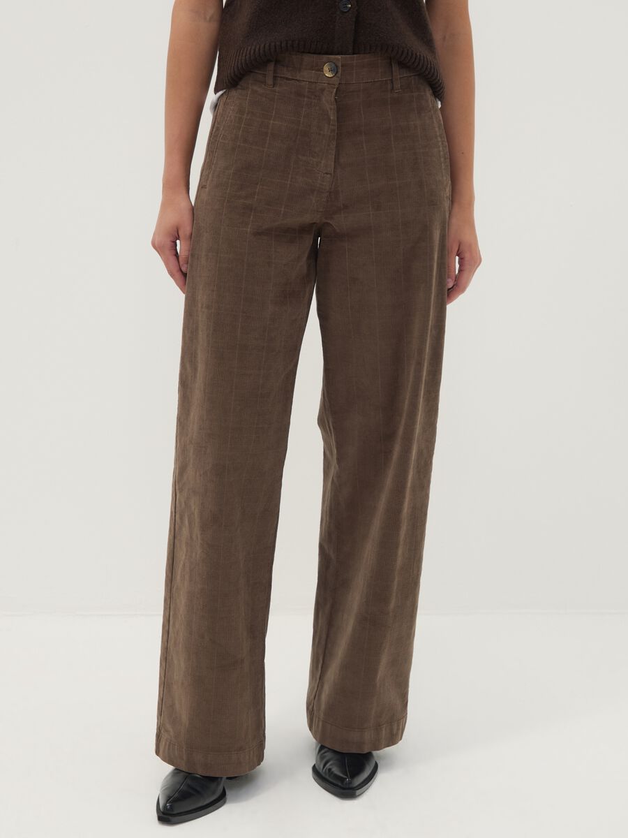 Pantaloni marroni wide leg in cotone elasticizzato_1