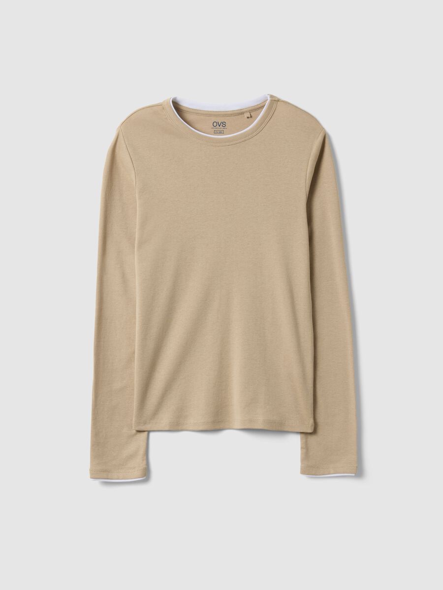 Camisola bege de manga comprida em puro algod&atilde;o ajuste regular_0