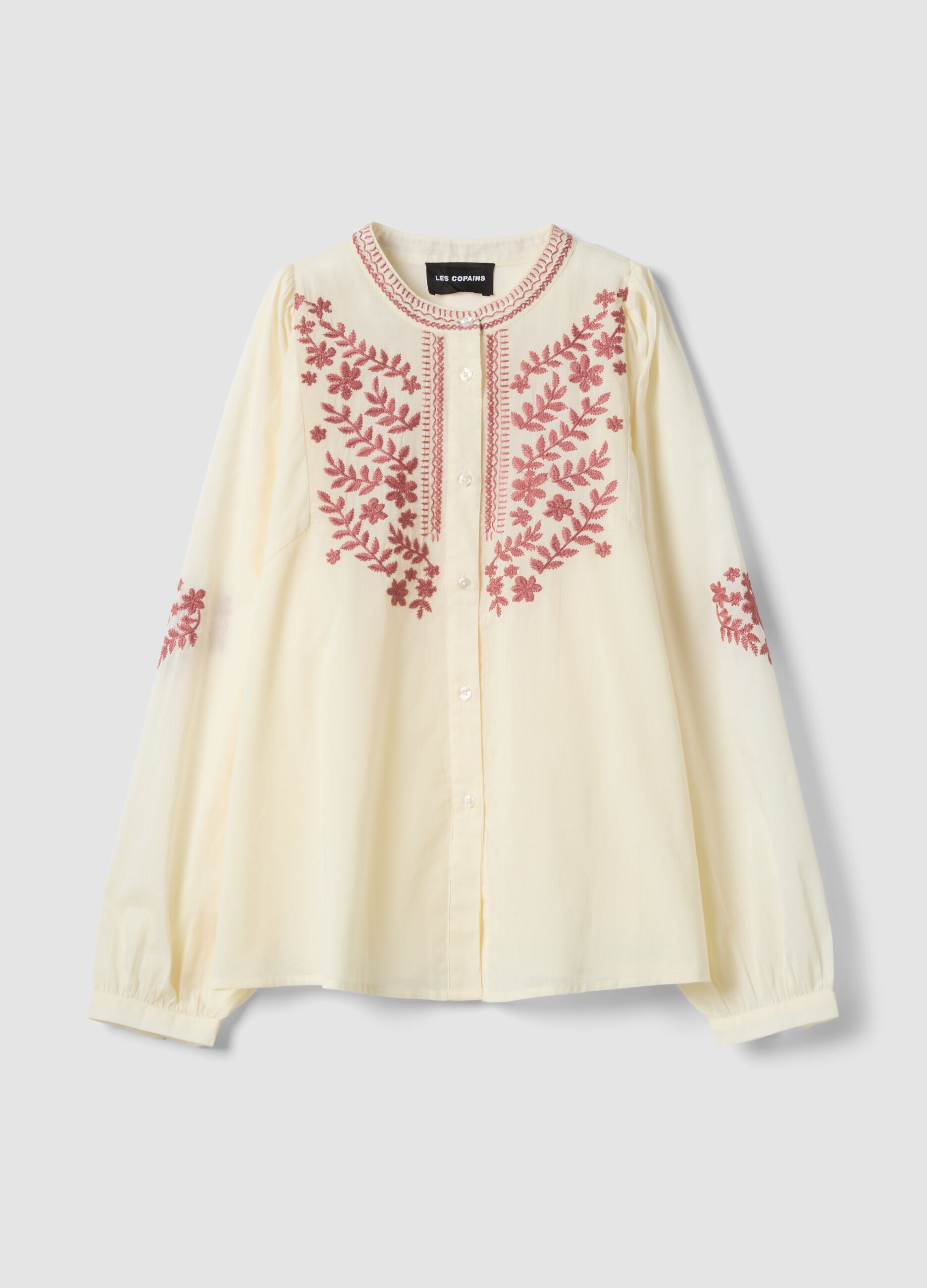 Beige pure cotton shirt with floral embroidery