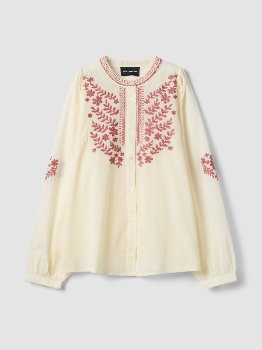 Beige pure cotton shirt with floral embroidery_0